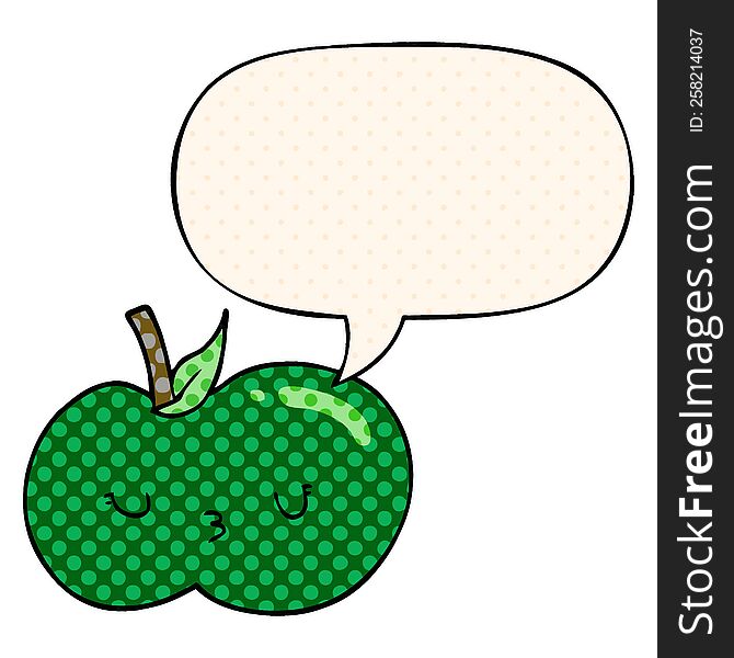 Cartoon Cute Apple And Speech Bubble In Comic Book Style
