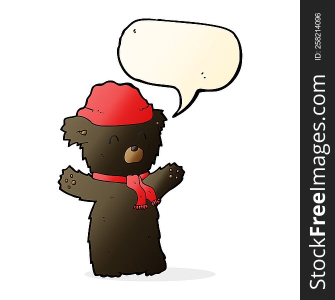 cartoon cute black bear in hat and scarf with speech bubble