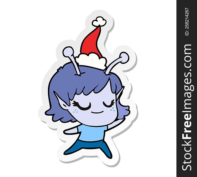 smiling alien girl hand drawn sticker cartoon of a wearing santa hat. smiling alien girl hand drawn sticker cartoon of a wearing santa hat
