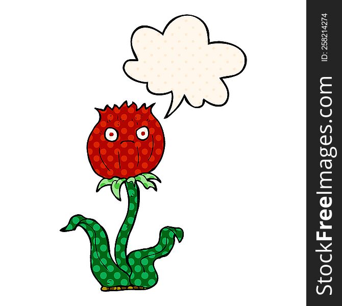 cartoon thistle with speech bubble in comic book style