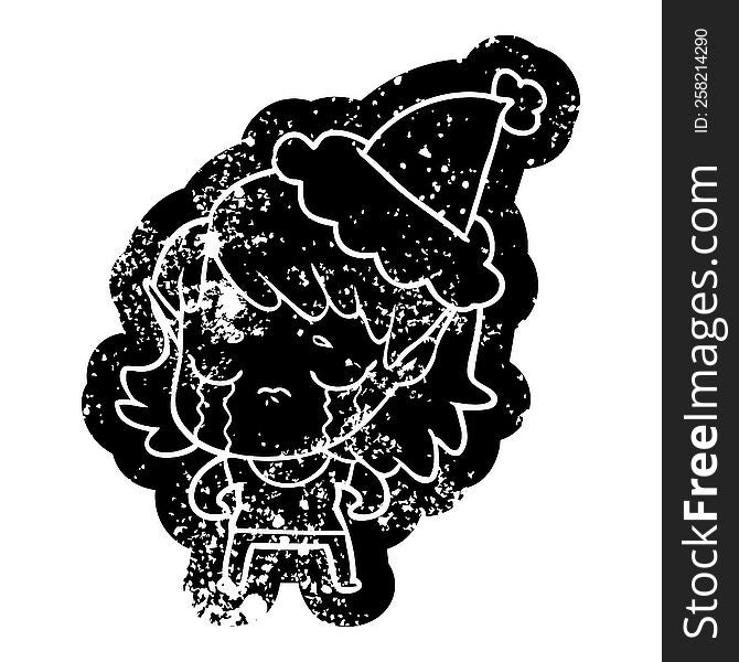 Cartoon Distressed Icon Of A Crying Elf Girl Wearing Santa Hat