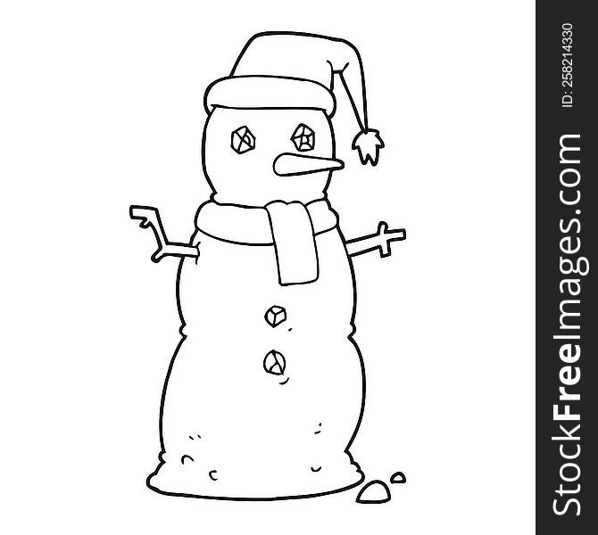 freehand drawn black and white cartoon snowman