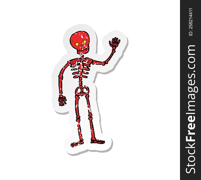 Retro Distressed Sticker Of A Cartoon Waving Skeleton