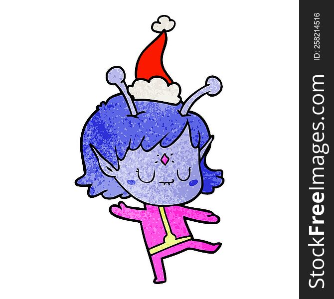 hand drawn textured cartoon of a alien girl wearing santa hat