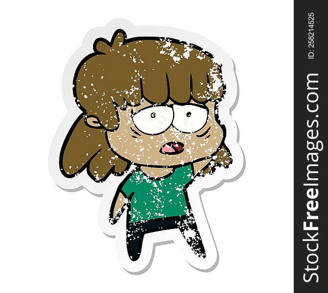 Distressed Sticker Of A Cartoon Tired Woman