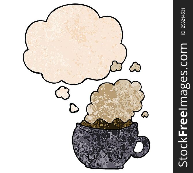 cute cartoon coffee cup with thought bubble in grunge texture style. cute cartoon coffee cup with thought bubble in grunge texture style