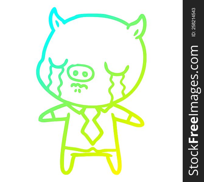 cold gradient line drawing of a cartoon pig crying wearing shirt and tie