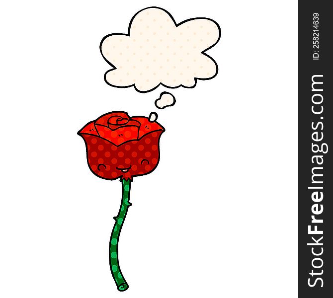 cartoon rose with thought bubble in comic book style