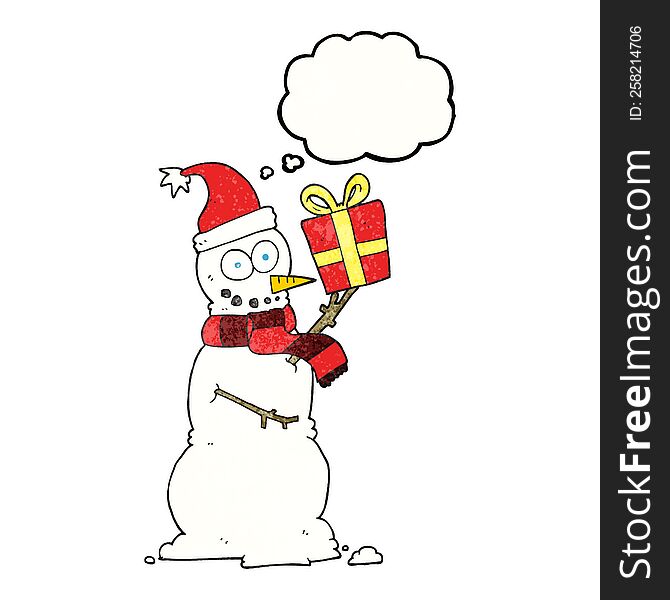 freehand drawn thought bubble textured cartoon snowman holding present
