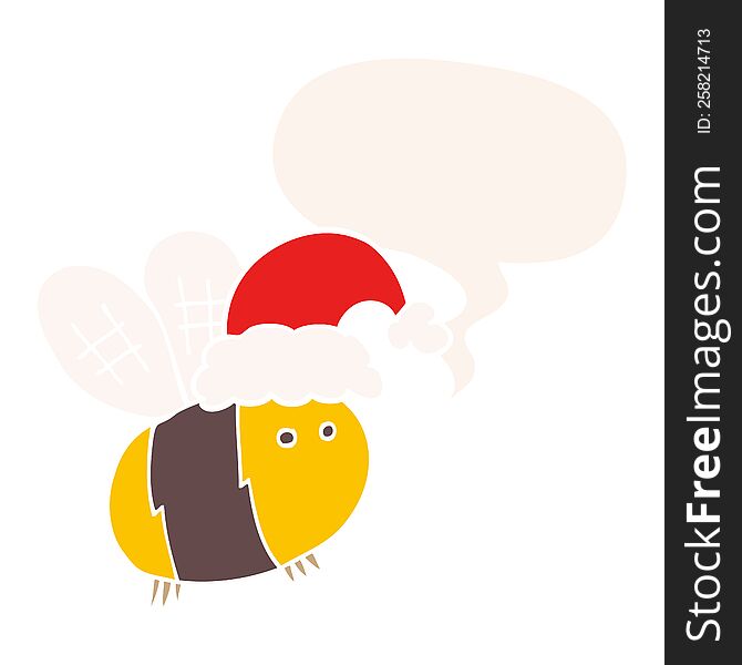 Cute Cartoon Bee Wearing Christmas Hat And Speech Bubble In Retro Style
