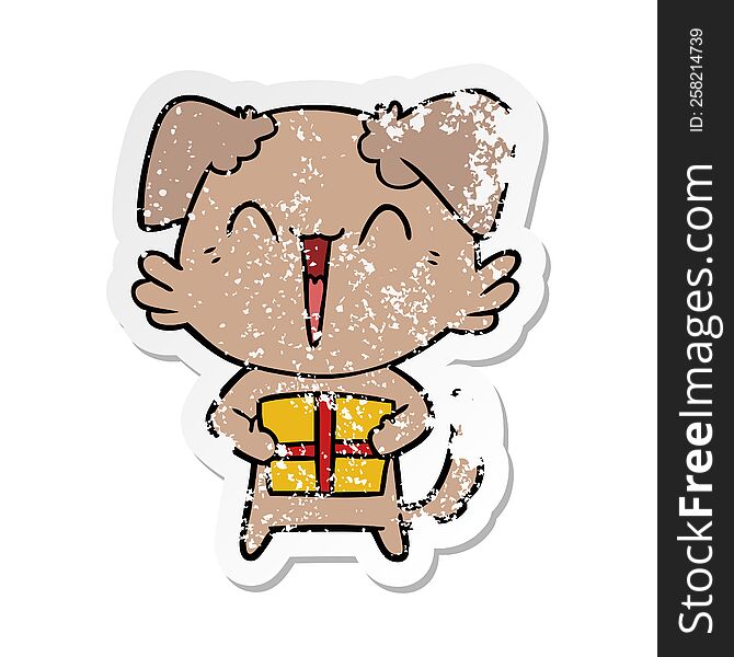 distressed sticker of a happy little cartoon dog with present