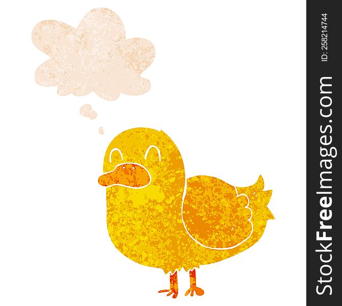 cartoon duck with thought bubble in grunge distressed retro textured style. cartoon duck with thought bubble in grunge distressed retro textured style