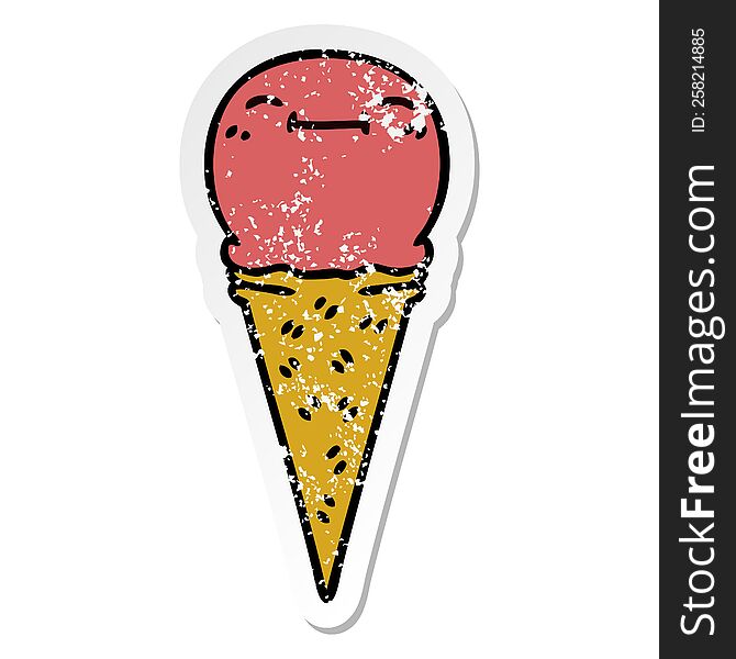 distressed sticker of a quirky hand drawn cartoon happy ice cream