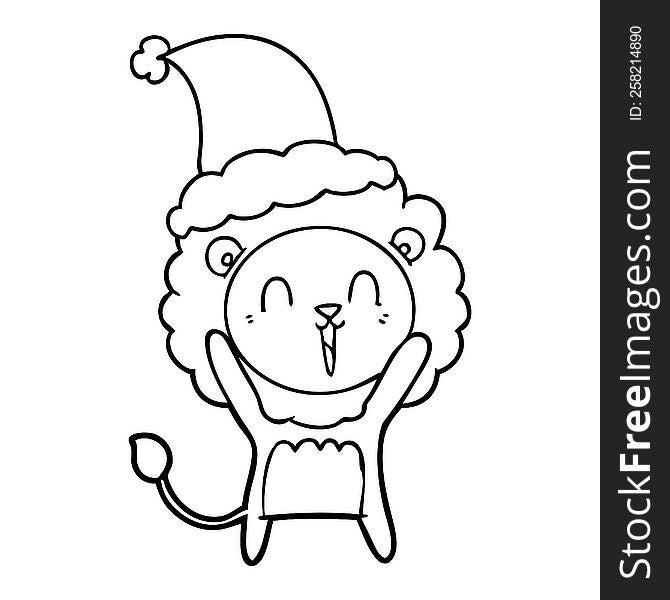 laughing lion hand drawn line drawing of a wearing santa hat. laughing lion hand drawn line drawing of a wearing santa hat