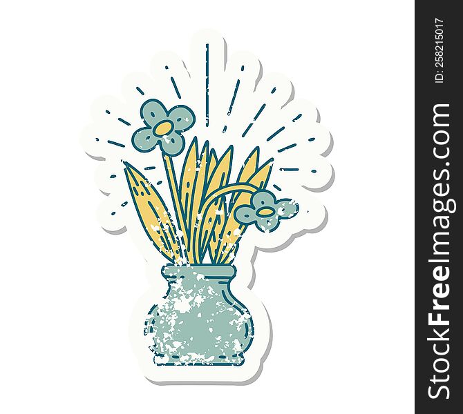 worn old sticker of a tattoo style flowers in vase. worn old sticker of a tattoo style flowers in vase