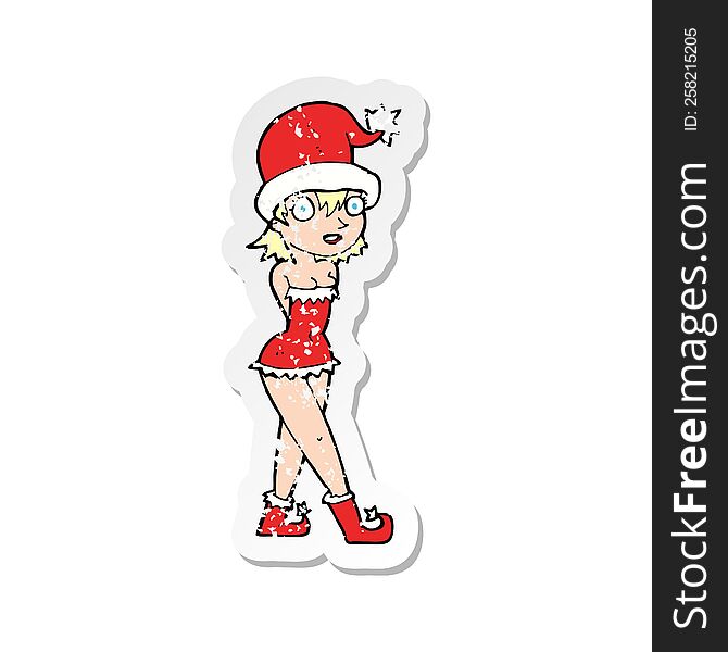 retro distressed sticker of a cartoon woman in christmas elf costume