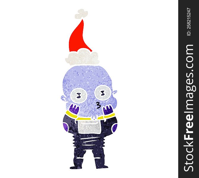 Retro Cartoon Of A Weird Bald Spaceman Wearing Santa Hat