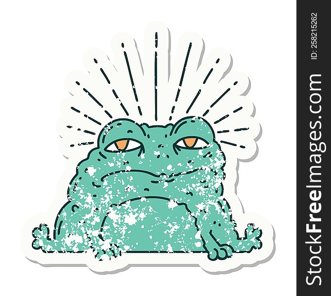 worn old sticker of a tattoo style toad character. worn old sticker of a tattoo style toad character