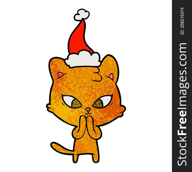Cute Textured Cartoon Of A Cat Wearing Santa Hat