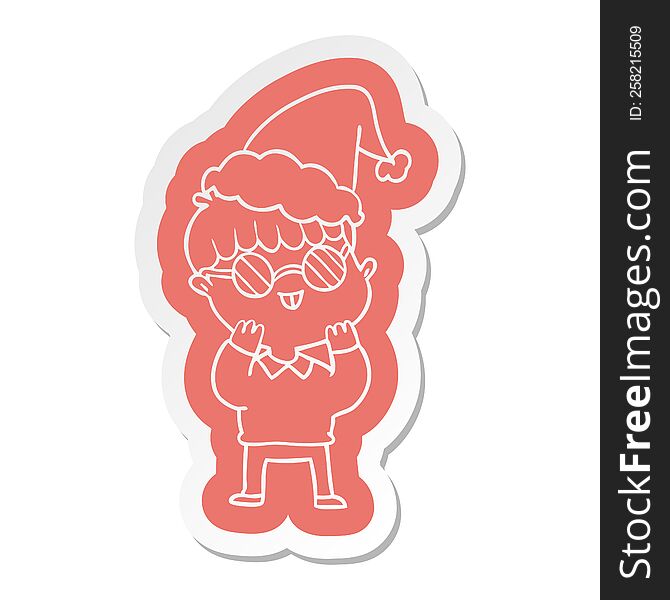 Cartoon  Sticker Of A Boy Wearing Spectacles Wearing Santa Hat