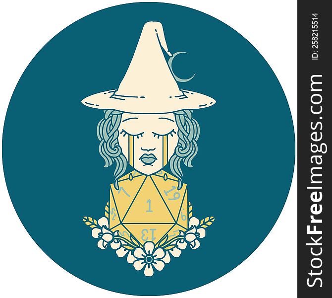 icon of crying human witch with natural one D20 dice roll. icon of crying human witch with natural one D20 dice roll