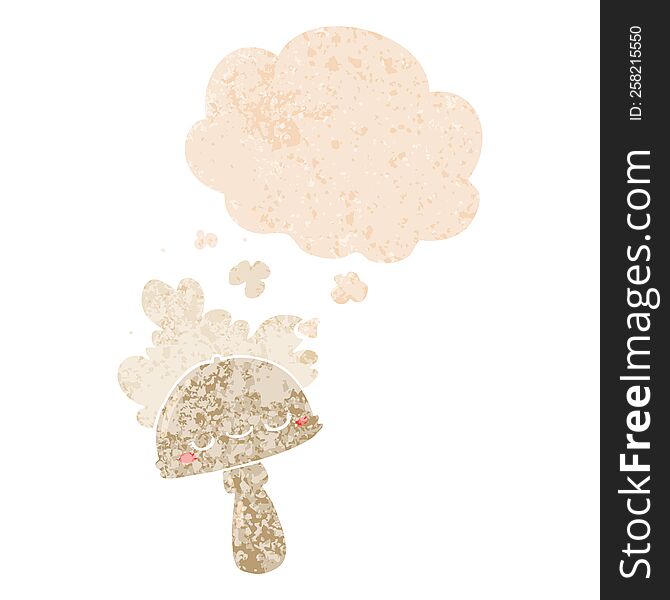 cartoon mushroom with spoor cloud with thought bubble in grunge distressed retro textured style. cartoon mushroom with spoor cloud with thought bubble in grunge distressed retro textured style