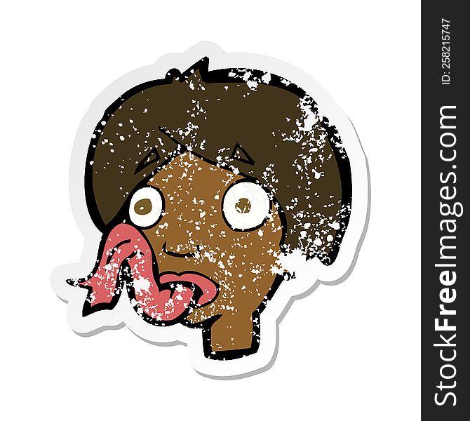 retro distressed sticker of a cartoon head sticking out tongue