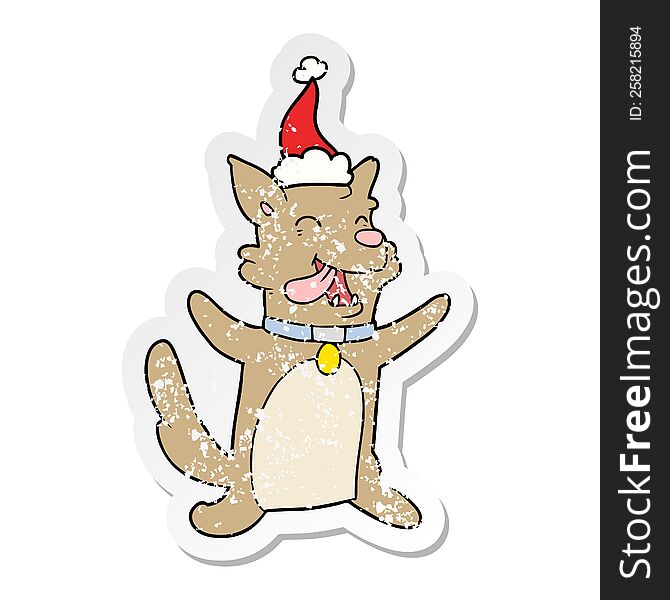 hand drawn distressed sticker cartoon of a happy dog wearing santa hat