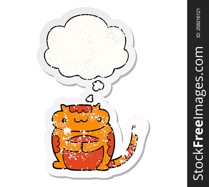 cute cartoon cat with thought bubble as a distressed worn sticker