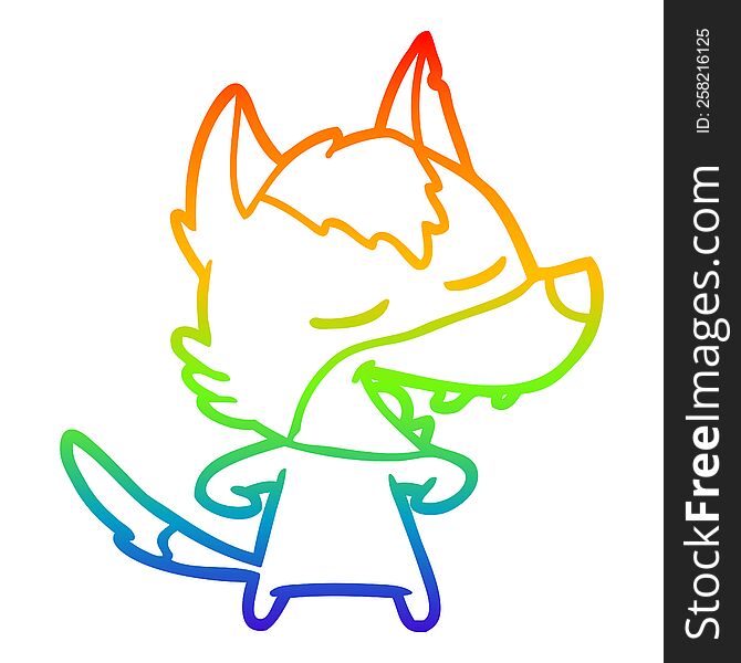 rainbow gradient line drawing of a cartoon wolf laughing