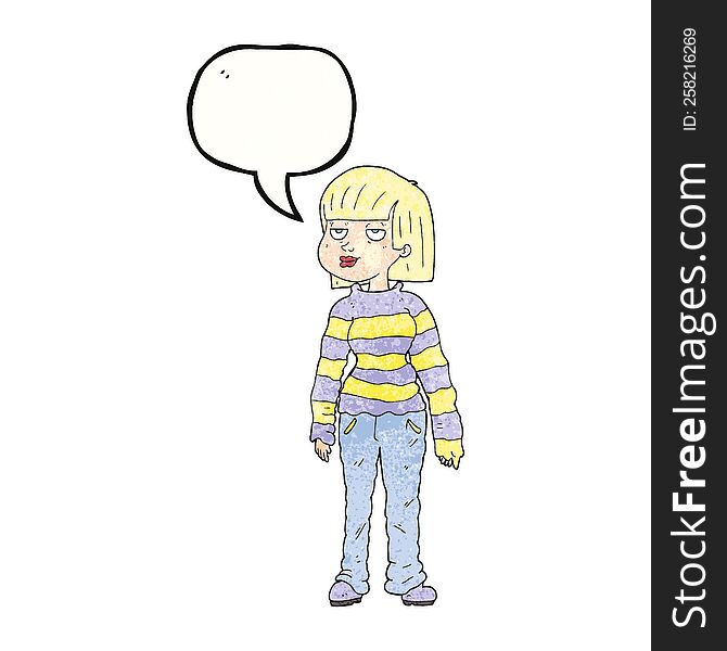 freehand speech bubble textured cartoon woman in casual clothes