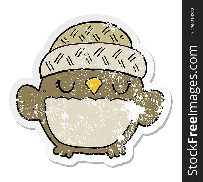 Distressed Sticker Of A Cute Cartoon Owl In Hat