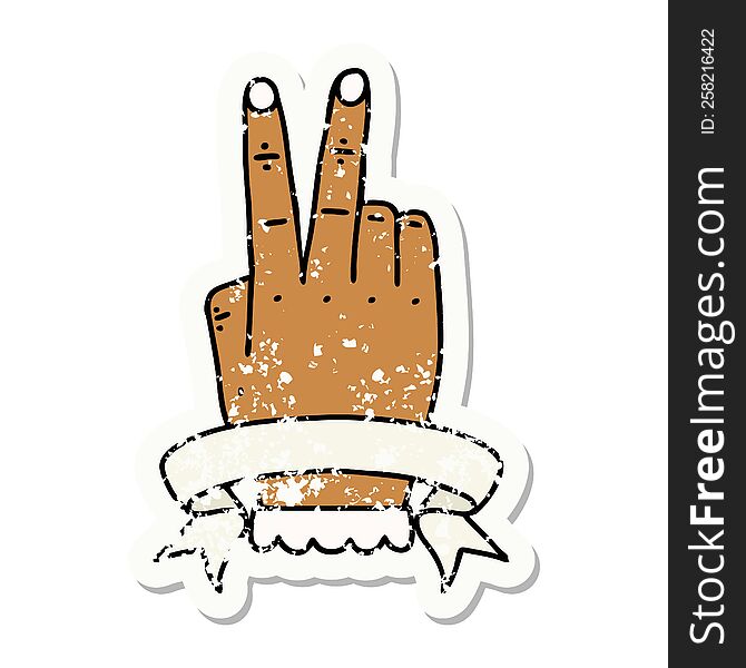 Retro Tattoo Style victory v hand gesture with banner. Retro Tattoo Style victory v hand gesture with banner