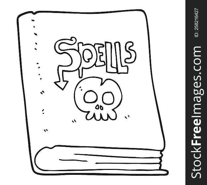 freehand drawn black and white cartoon spell book