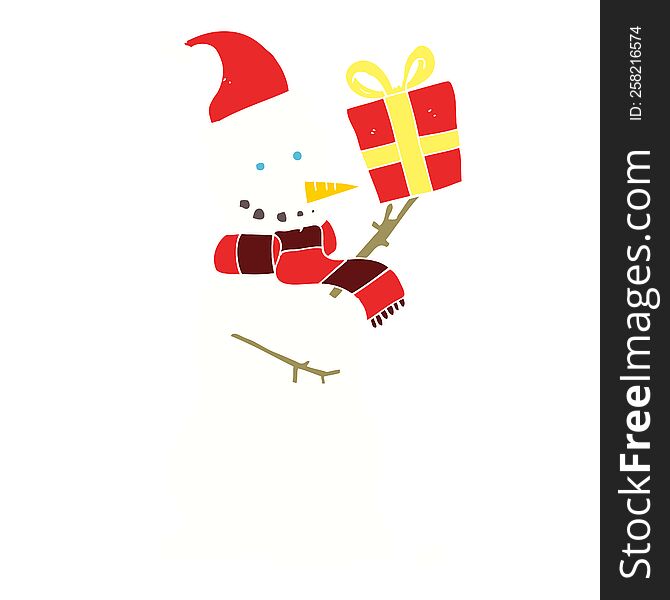 Flat Color Illustration Of A Cartoon Snowman Holding Present