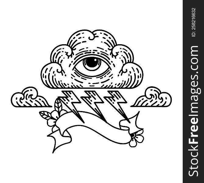 Black Linework Tattoo With Banner Of An All Seeing Eye Cloud
