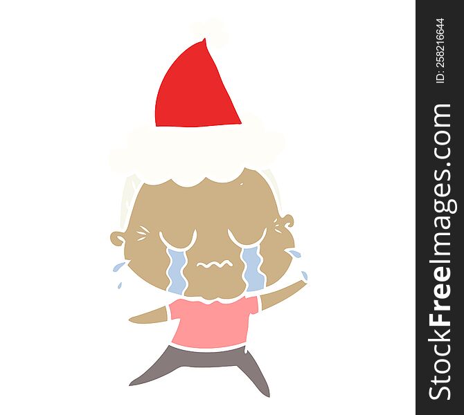 flat color illustration of a crying old lady wearing santa hat