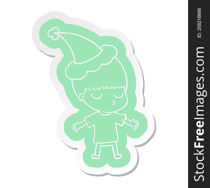 quirky cartoon  sticker of a calm boy wearing santa hat