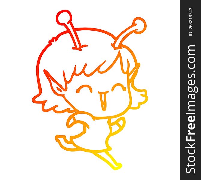 warm gradient line drawing of a cartoon alien girl laughing
