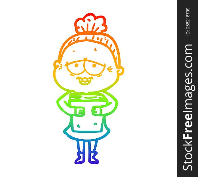 rainbow gradient line drawing of a cartoon happy old lady