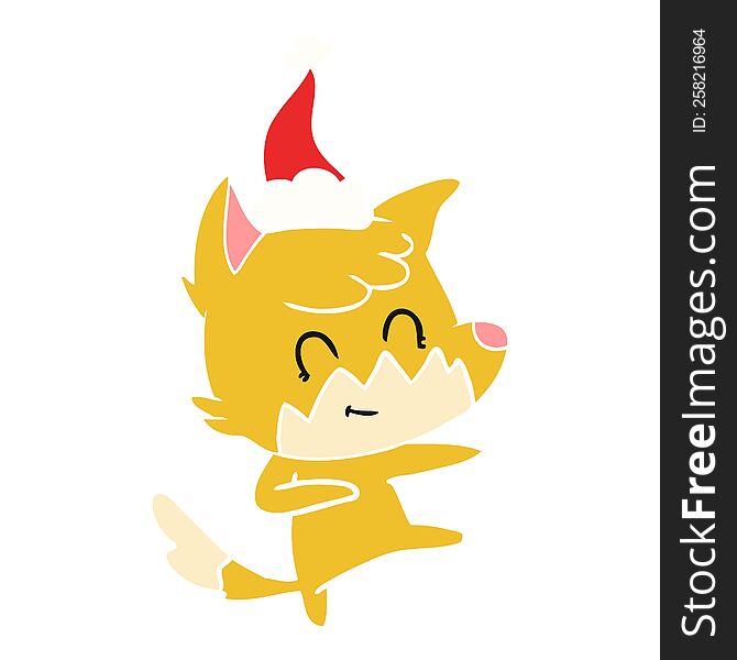 hand drawn flat color illustration of a friendly fox wearing santa hat