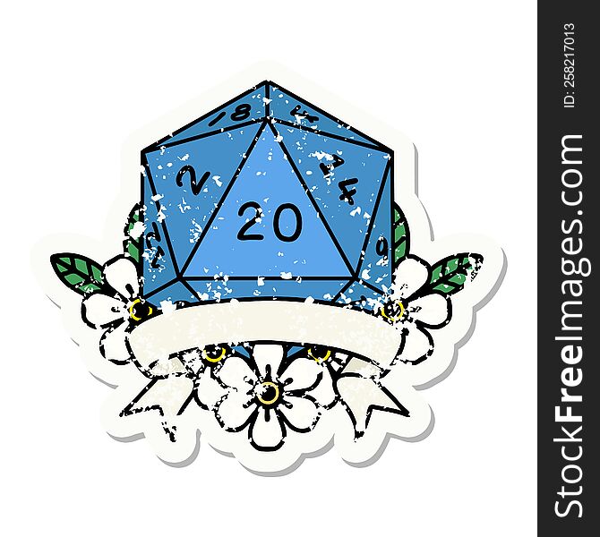 natural 20 critical hit D20 dice roll grunge sticker