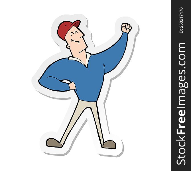 sticker of a cartoon man striking heroic pose