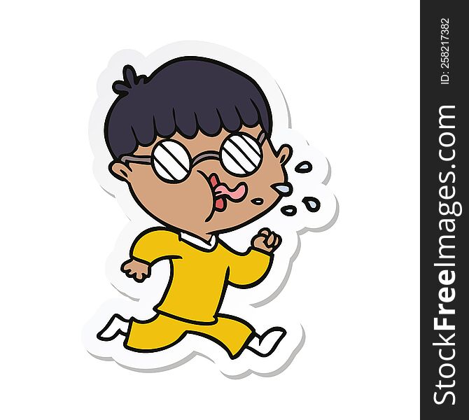 sticker of a cartoon boy wearing spectacles and running