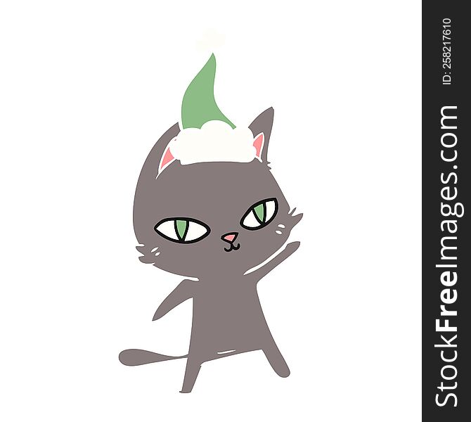 Flat Color Illustration Of A Cat Staring Wearing Santa Hat