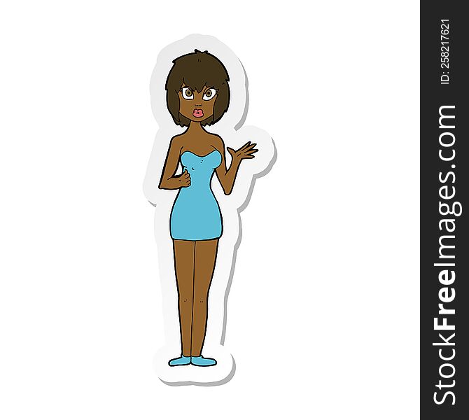 sticker of a cartoon confused woman in cocktail dress
