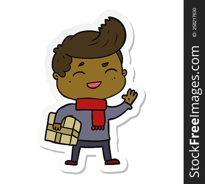 sticker of a cartoon man laughing carrying parcel