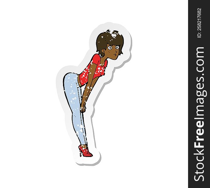 retro distressed sticker of a cartoon woman looking at something