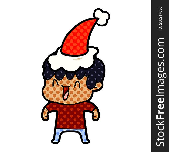 hand drawn comic book style illustration of a laughing boy wearing santa hat