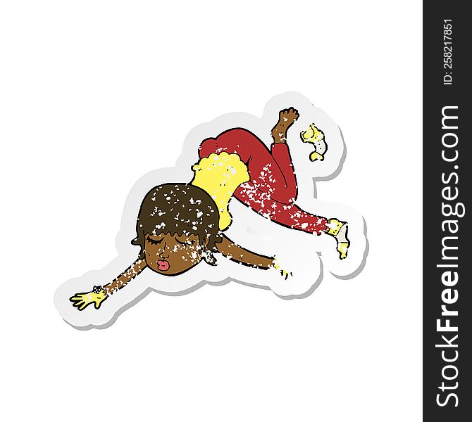 retro distressed sticker of a cartoon woman floating